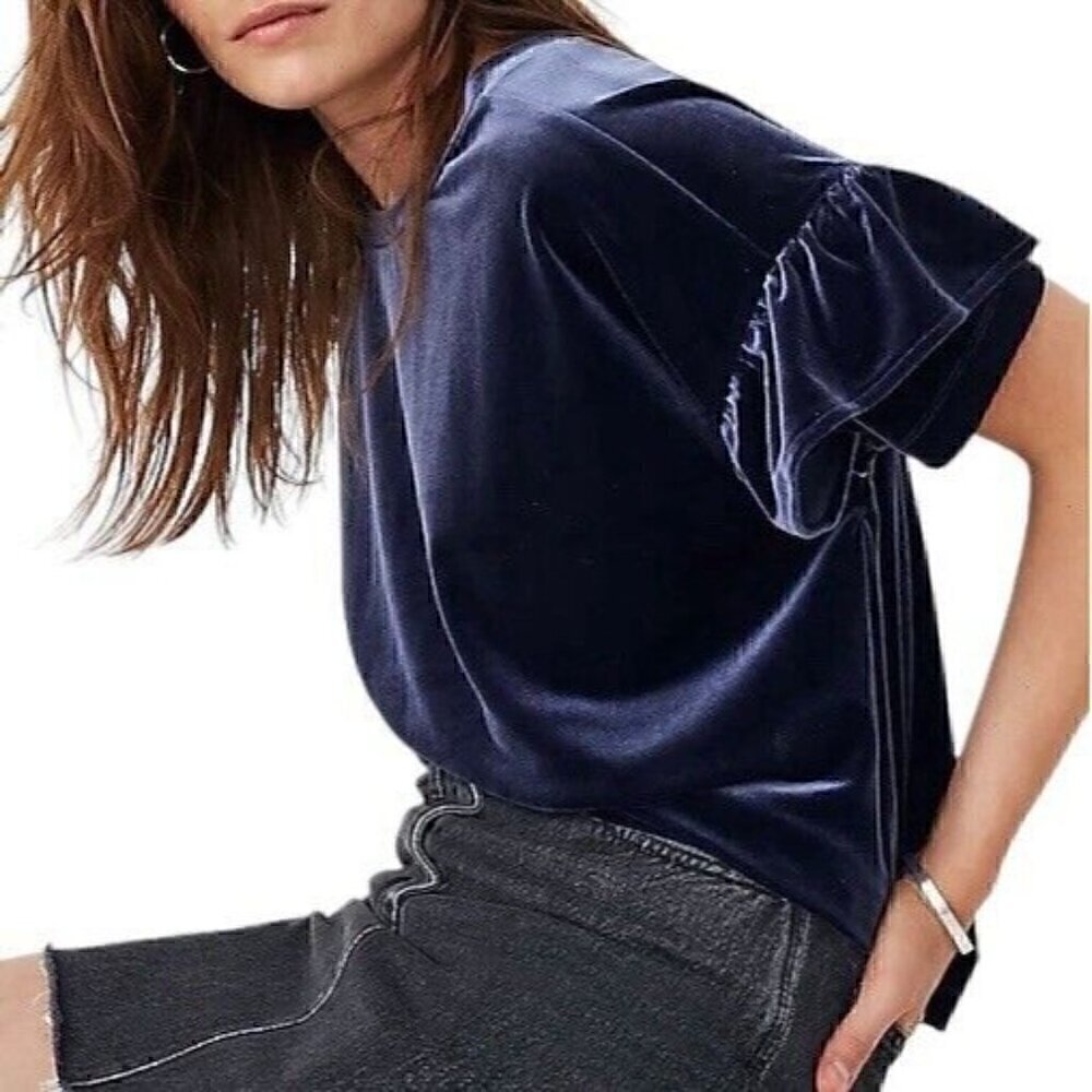Madewell Velvet Ruffle Short Sleeve Pullover Top Navy Women’s XS HOLIDAYS